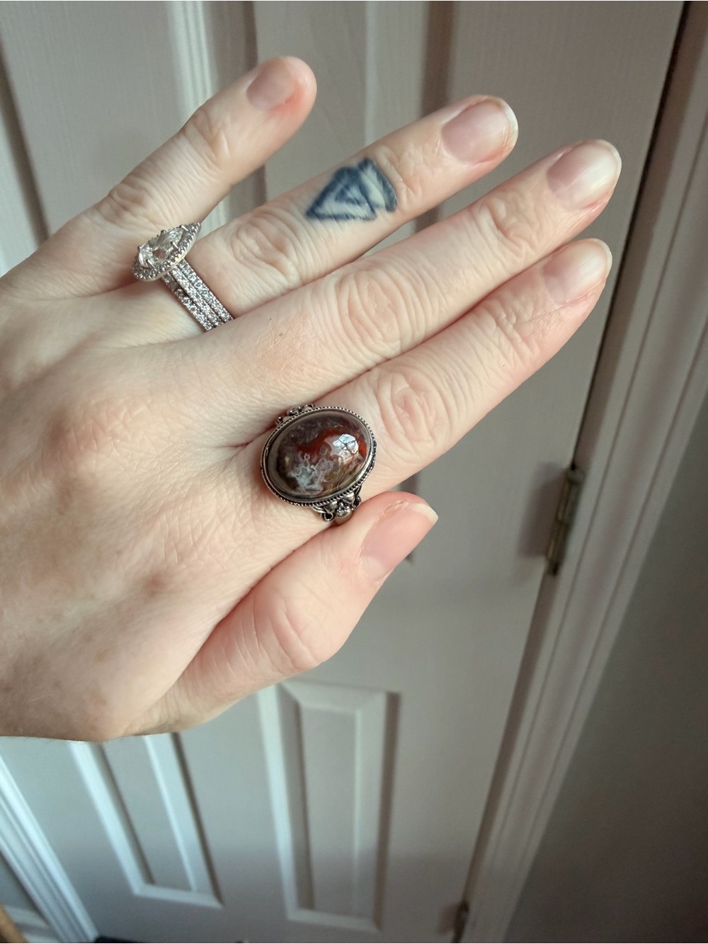 Silver Brown Jasper Oval Statement Ring adjustable